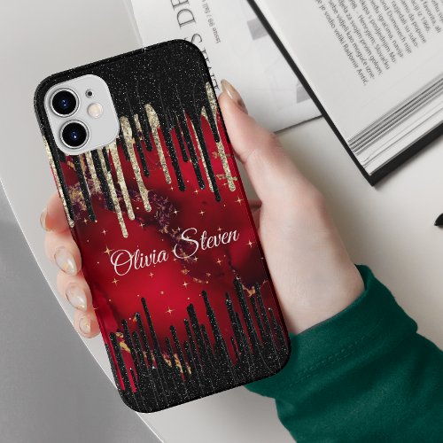 Chic red black drippings glitter monogram Case_Mate iPhone 14 case