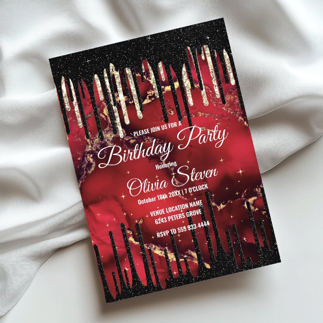 Chic red black drippings glitter monogram invitation (Creator Uploaded)