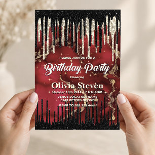 Chic red black drippings glitter monogram invitation