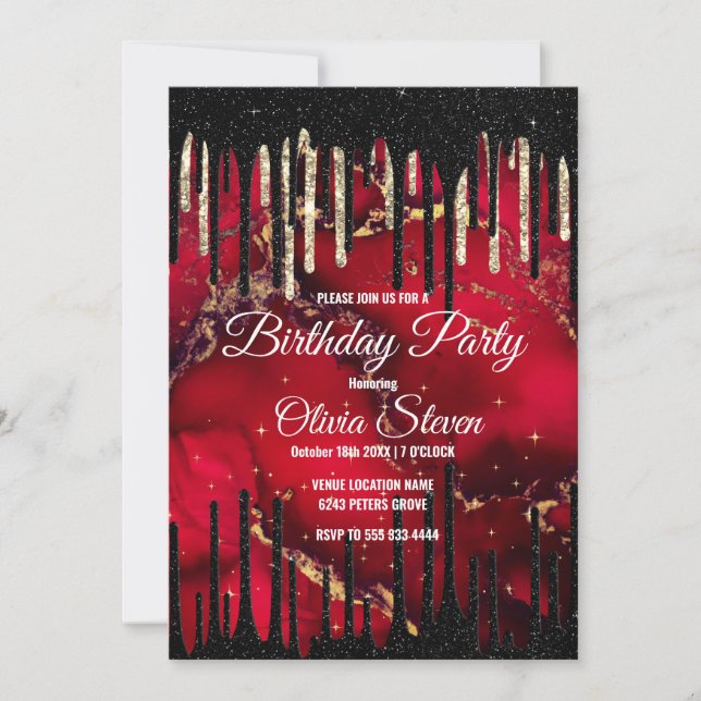 Chic red black drippings glitter monogram invitation (Front)