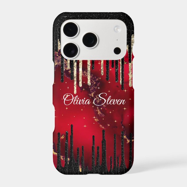 Chic red black drippings glitter monogram iphone case (Back)