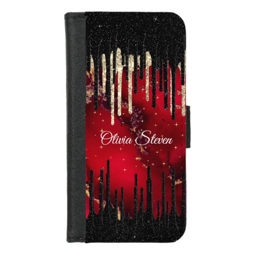 Chic red black drippings glitter monogram iPhone 87 wallet case