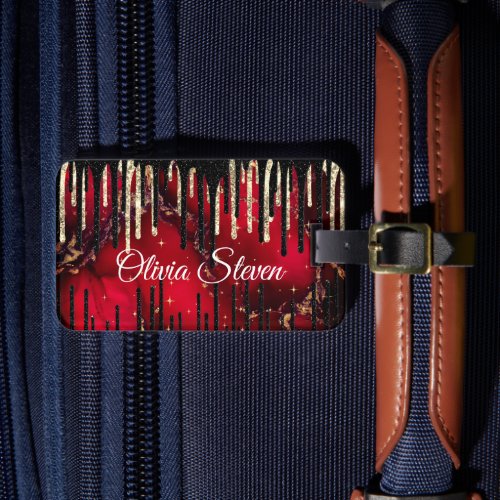 Chic red black drippings glitter monogram luggage tag