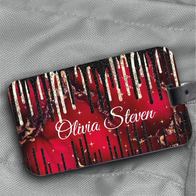 Chic red black drippings glitter monogram luggage tag (Creator Uploaded)