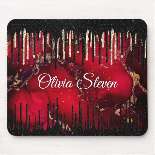 Chic red black drippings glitter monogram mouse pad