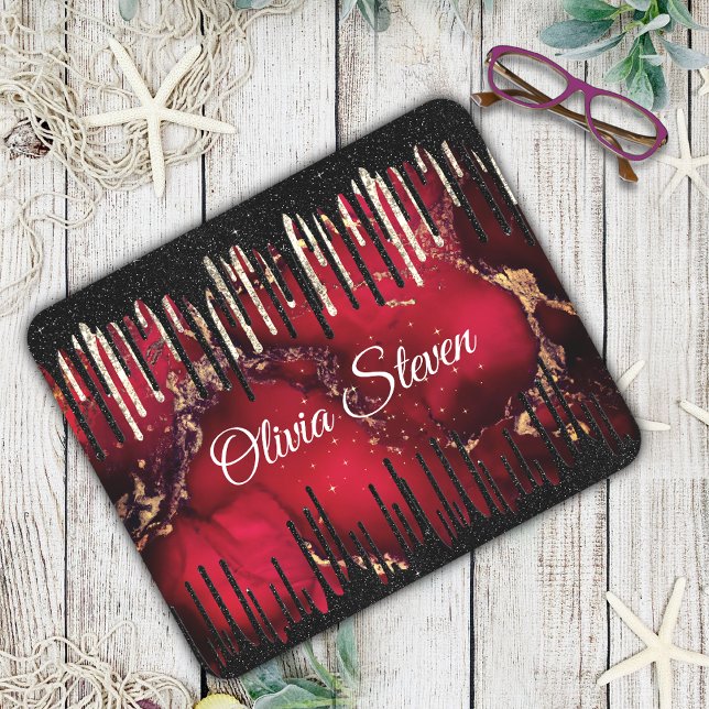 Chic red black drippings glitter monogram mouse pad (Creator Uploaded)