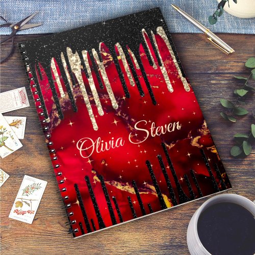 Chic red black drippings glitter monogram notebook