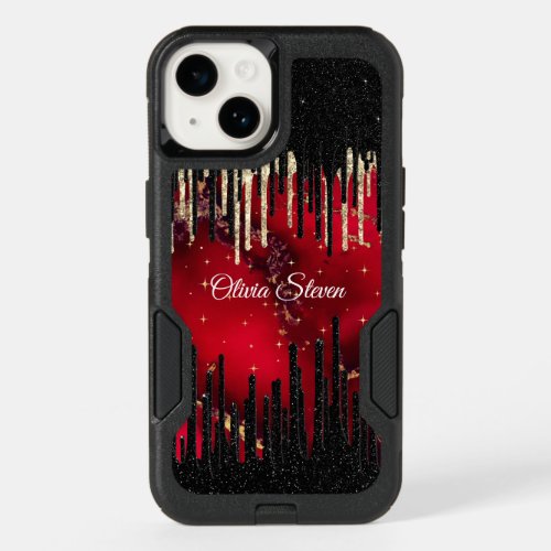 Chic red black drippings glitter monogram OtterBox iPhone 14 case