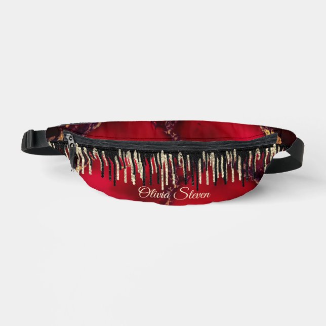 Chic red black drippings glitter monogram printed fanny pack (Front)