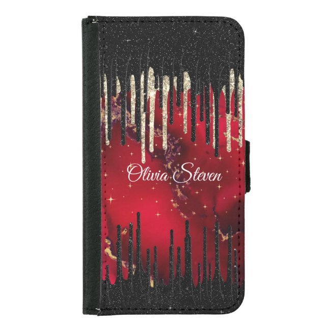 Chic red black drippings glitter monogram samsung galaxy wallet case (Front)