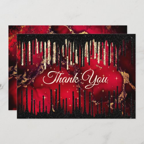 Chic red black drippings glitter monogram thank you card