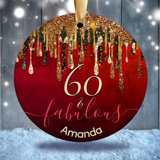 Chic red black faux glitter drips any age birthday ceramic ornament (Creator Uploaded)