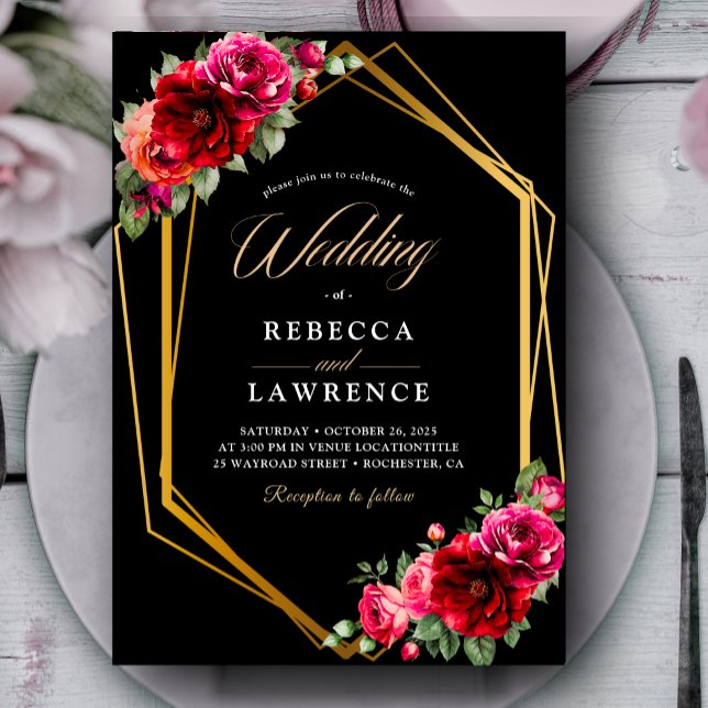 Chic red black floral wedding  invitation (Creator Uploaded)