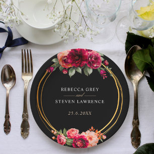 Chic red black floral wedding paper plates