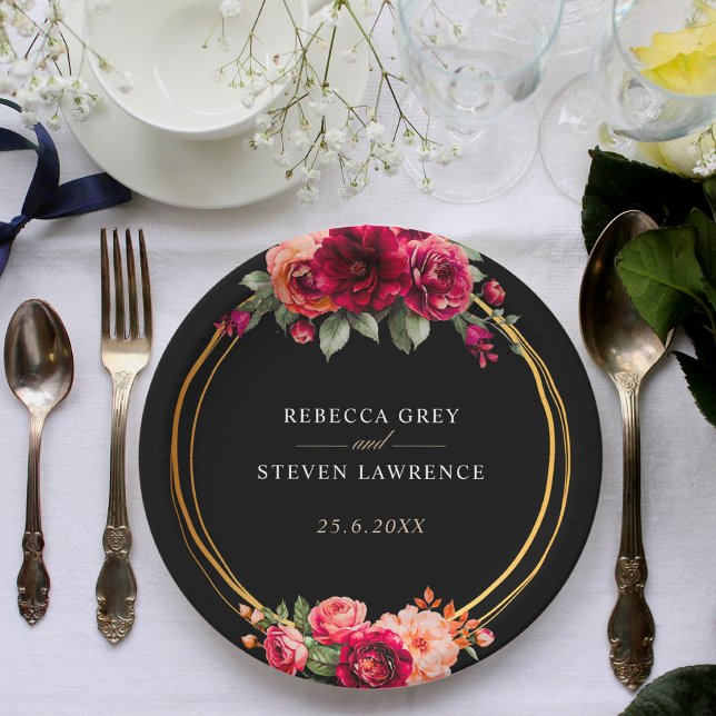Chic red black floral wedding paper plates (Creator Uploaded)