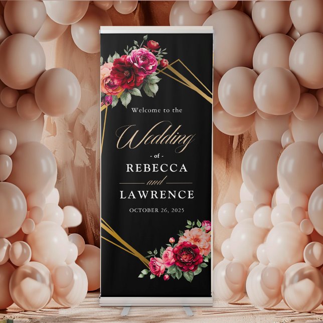 Chic red black floral wedding retractable banner (Creator Uploaded)