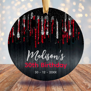 Chic Red black glitter drips any age birthday  Ceramic Ornament