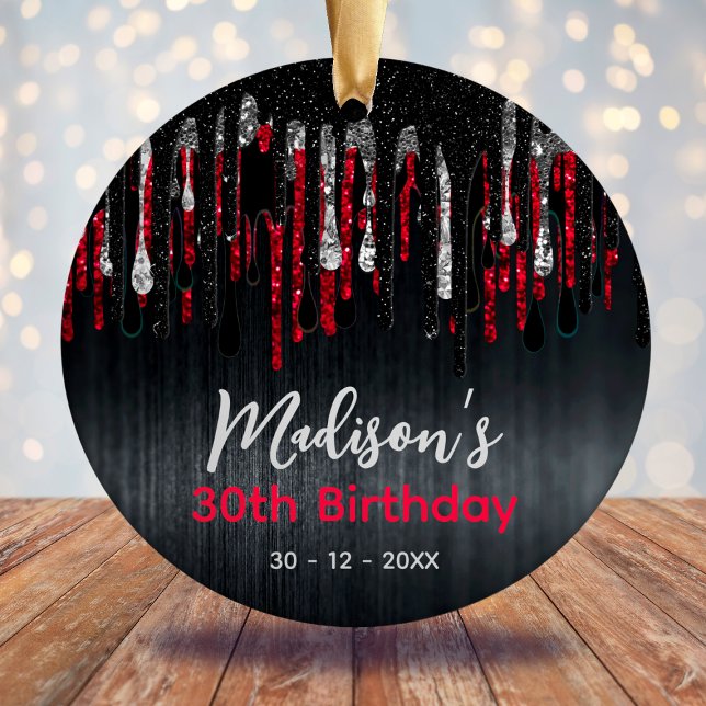 Chic Red black glitter drips any age birthday  Ceramic Ornament (Creator Uploaded)