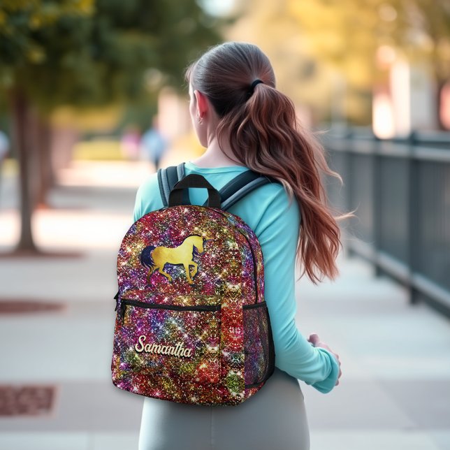 Chic red black iridescent faux glitter unicorn  printed backpack (Creator Uploaded)