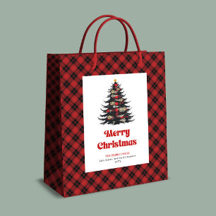 Chic red black plaid tree gift bag editable name