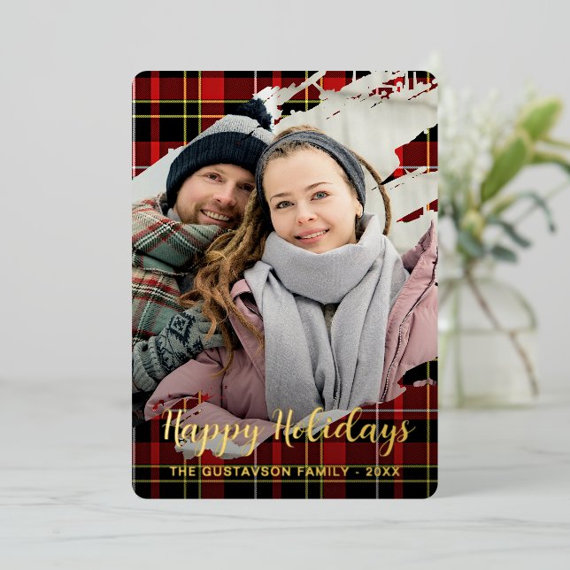Chic Red Black Yellow White Plaid Pattern Gold Foil Holiday Card (Standing Front)