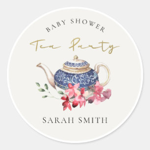 Chic Red Blue Floral Teapot Baby Shower Tea Party Classic Round Sticker