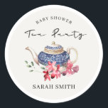 Chic Red Blue Floral Teapot Baby Shower Tea Party Classic Round Sticker<br><div class="desc">For any further customisation or any other matching items,  please feel free to contact me at yellowfebstudio@gmail.com</div>