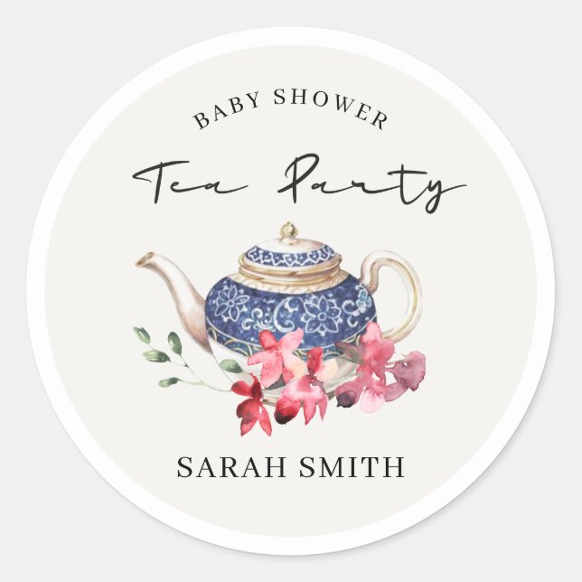 Chic Red Blue Floral Teapot Baby Shower Tea Party Classic Round Sticker (Front)
