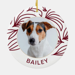 Chic Red Botanical Dog Photo and Name Christmas Ceramic Ornament