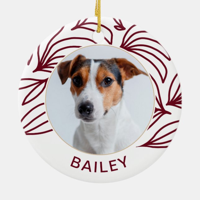 Chic Red Botanical Dog Photo and Name Christmas Ceramic Ornament (Back)