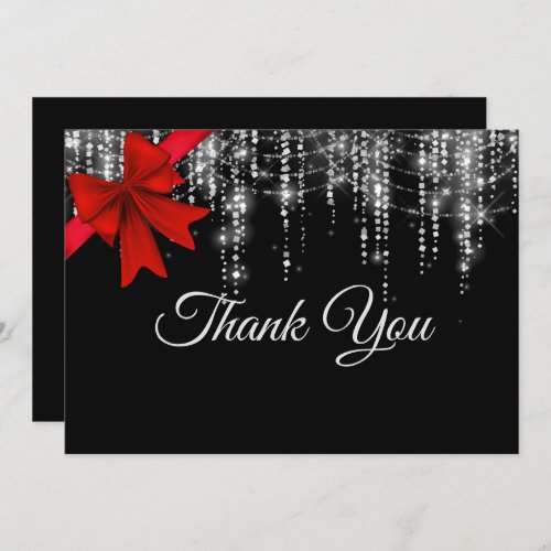 Chic red bow black silver faux glitter holiday thank you card