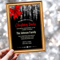 Chic red bow black silver holiday lights Christmas Invitation