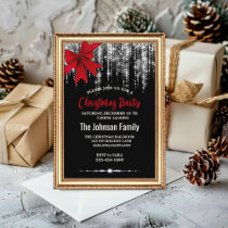 Chic red bow black silver holiday lights Christmas Invitation