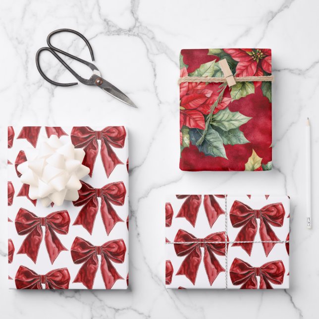 Chic Red Bow Floral Christmas Wrapping Paper Sheets (Front)