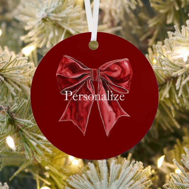 Chic Red Bow Personalized Metal Ornament (Insitu)