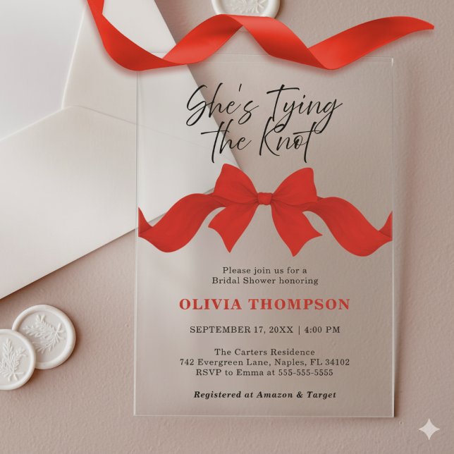 Chic Red Bow She's Tying the Knot Bridal Shower Acrylic Invitations (Creator Uploaded)