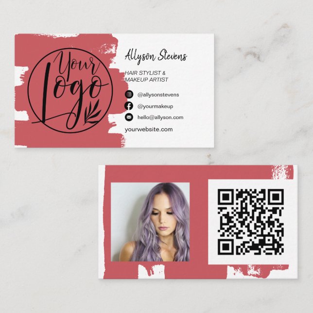 Chic red brush hair makeup photo logo qr code business card (Front/Back)