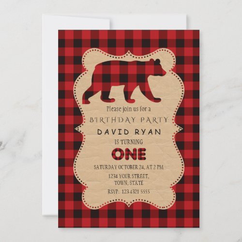 Chic Red Buffalo Flannel Up Plaid Birthday ONE Invitation