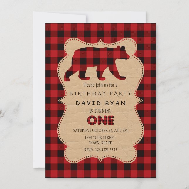 Chic Red Buffalo Flannel Up Plaid Birthday ONE Invitation (Back)