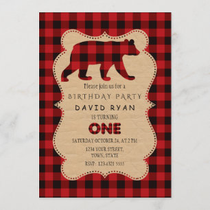 Chic Red Buffalo Flannel Up Plaid Birthday ONE Invitation