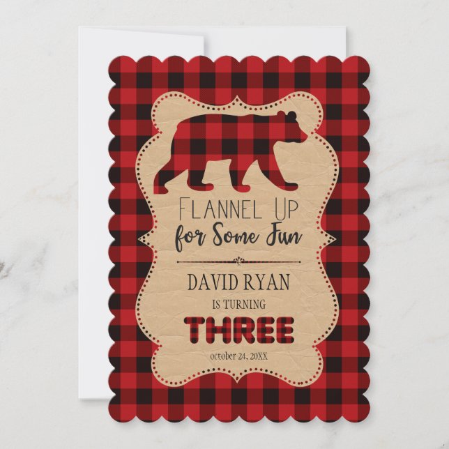 Chic Red Buffalo Plaid Birthday THREE Custom Invitation (Front)