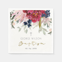 Chic Red Burgundy Blush Blue Gold Floral Baptism Napkins