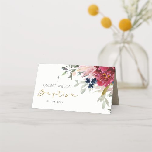 Chic Red Burgundy Blush Blue Gold Floral Baptism Place Card