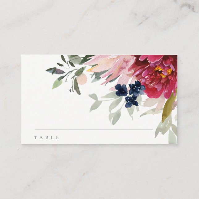 Chic Red Burgundy Blush Blue Gold Floral Baptism Place Card (Back)