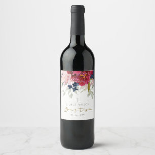 Chic Red Burgundy Blush Blue Gold Floral Baptism Wine Label
