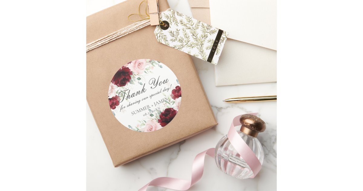 Chic Red Burgundy Blush Pink Roses Floral Wedding Classic Round Sticker ...