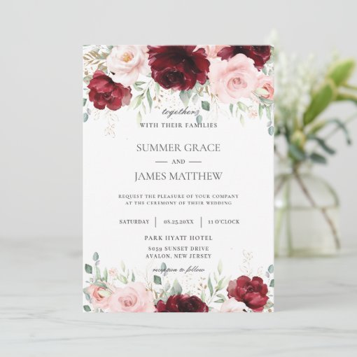 Chic Red Burgundy Blush Pink Roses Floral Wedding Invitation | Zazzle