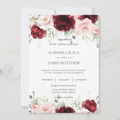 Chic Red Burgundy Blush Pink Roses Floral Wedding Invitation | Zazzle