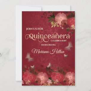 Chic red Butterfly floral garden Quinceañera Invitation