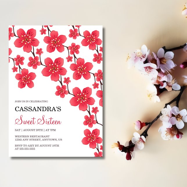 Chic Red Cherry Blossom Floral Botanical Birthday Invitation (Creator Uploaded)